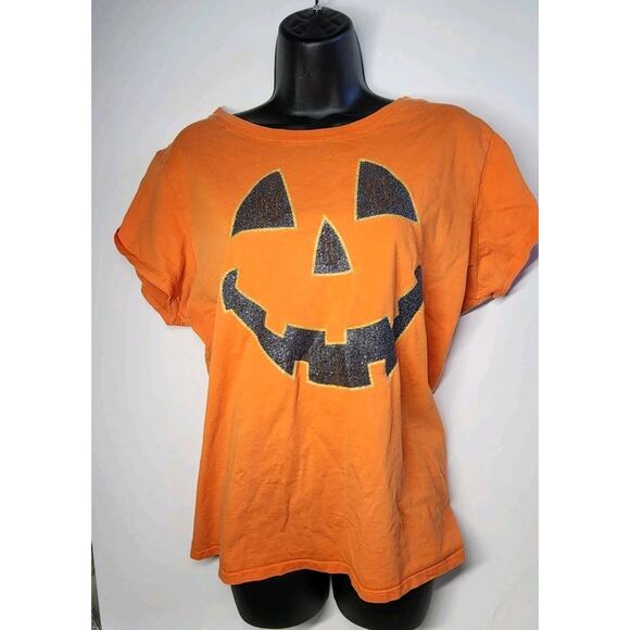 Womens 2x Orange Glitter Jack O' Lantern Pumpkin Smile Face Halloween T-Shirt - Picture 1 of 10